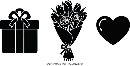 Present box, flower bouquet, and heart icon. Romantic, celebratory, gift-giving elements.