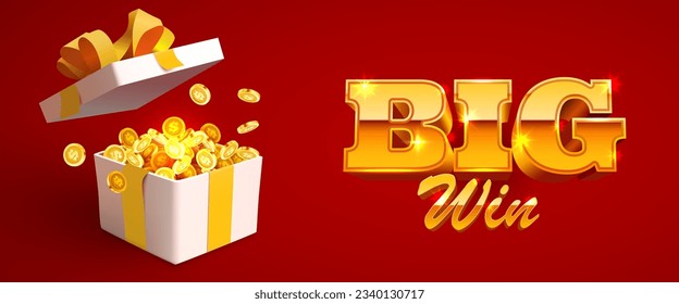 Present box full of golden coins. Big win. Vector illustration