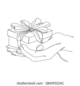 Present box. Gift box. Christmas or birthday box- one line drawing. Vector illustration continuous line drawing. Use for print, surface design, cards.
