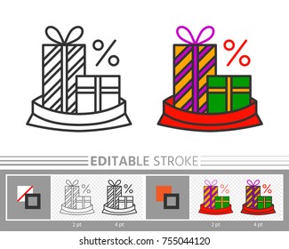 Present box, gift in Santa bag xmas sale linear icon Line without, with color fill. Editable stroke, fill, background Outline sign Web, print, logo, tag, label season clearance design Vector isolated