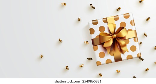 Present box with golden confetti. Vector illustration
