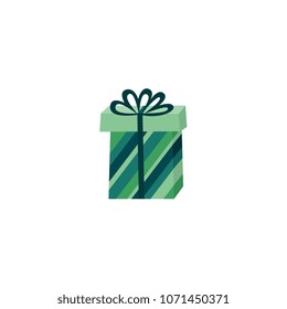 Present box with green striped wrapping with ribbon bow. Birthday party, anniversary celebration, new year christmas, valentine day xmas holiday invatation greeting card design vector illustration