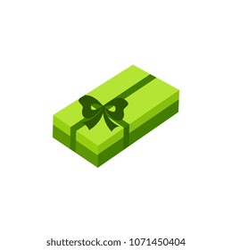 Present box with green wrapping with ribbon bow. Birthday party, anniversary celebration, new year christmas, valentine day xmas holiday invatation greeting card design vector illustration