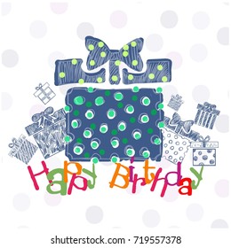 Present box  for happy bday. Birthday card, vector