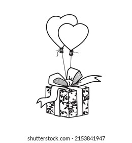 present box with heart balloons, vector clipart, holiday illustration