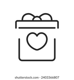 Present Box with Heart Icon - Pictograma lineal Romántico Símbolo de Regalo para el Amor, Sorpresas del Día de San Valentín e iluminación vectorial afectuosa