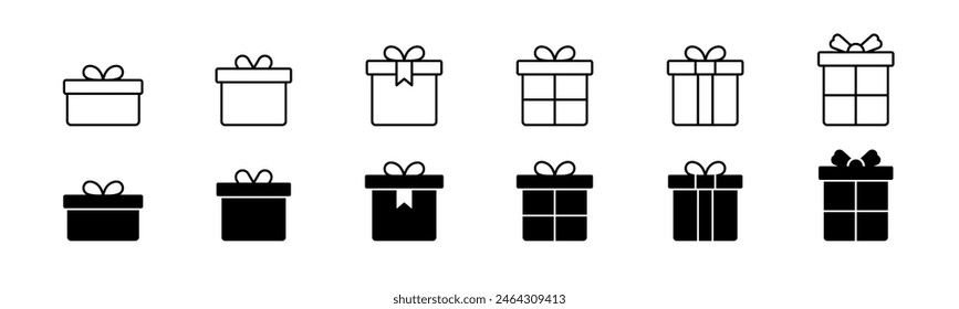 Icono de cuadro Presente. Conjunto de iconos de caja de regalo. Conjunto de cuadros de presentación de línea y glifo
