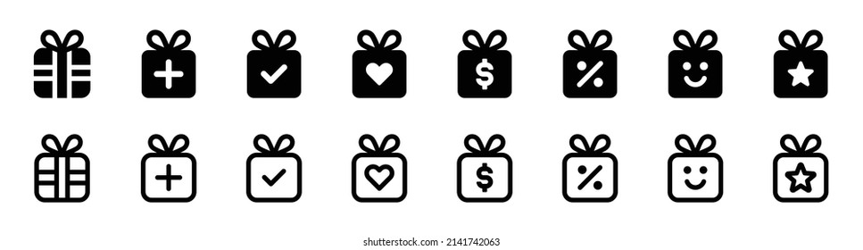 Juego de iconos del cuadro actual. Colección de iconos de la caja de regalo sobre diseño en blanco y negro.