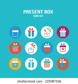 Present box icon set. Gift for Christmas, Birthday, St Valentine's Day, Wedding and other Holiday celebration. Vector illustration