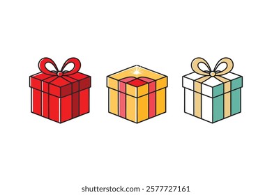 Present Box Icon Set: Gift boxes in various styles—tied, open, or sparkling—ideal for festive occasions, weddings, birthdays, and achievements. Vector artwork.
