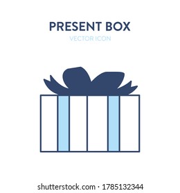 Present box icon. Vector illustration of a boxed gift wrapped and tied with a ribbon with a bow. Concept of holiday gift waiting to be opened