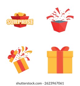 Iconos de caja de regalo fijados Vector de dibujos animados. Caja de regalo abierta con confeti. Concepto de sorpresa y celebración
