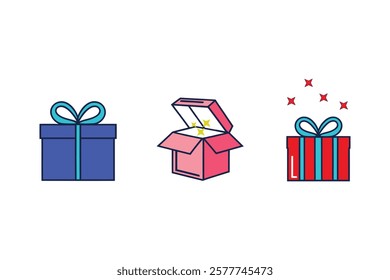Present Box Illustration Set: Versatile gift box designs, including tied and opened options, perfect for holidays, events, and achievement celebrations.