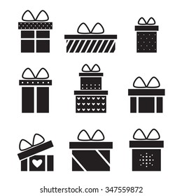 Present box isolated black silhouette icons on white background. Christmas, birthday, holiday present. Flat style vector illustration. 