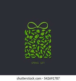 Present box with leaf pattern. Vector illustration of spring gift. Business logo  for the company.
