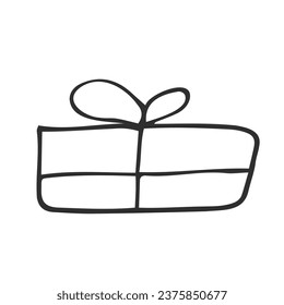 Present box line vector illustration. Wrapped surprise package with ribbon and bow.