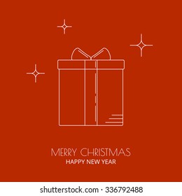 Present box linear icon for Christmas holidays isolated on red background.