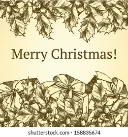 Present box and mistletoe, Christmas vector background   