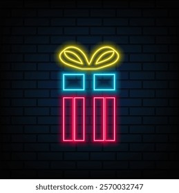 Present box neon icon. Surprise and winning symbol. Gift certificate sign. Vector stock illustration.