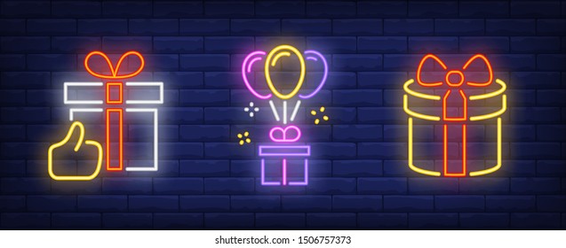 Present box neon sign collection. Surprise, holiday, balloon. Night bright advertisement. Vector illustration in neon style for banner, billboard