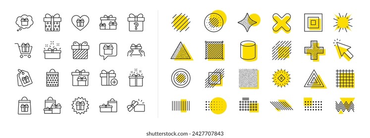 Present box, Offer and Sale. Design shape elements. Gift line icons. Shopping cart, Tag and Chat. Speech bubble, Give a gift box, question mark, birthday discount. Vector