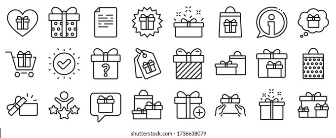 Present box, Offer and Sale. Gift line icons. Shopping cart, Tag and Chat. Speech bubble, Give a gift box, question mark, birthday discount. Shopping sale cart, present tag, delivery. Vector