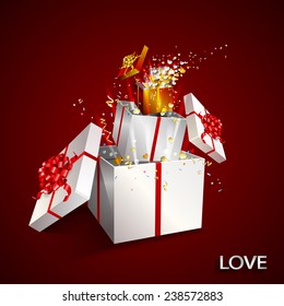Present box on red background. Open gift with fireworks from confetti and hearts. Border design. Background for promotions and offers. Valentine's day theme. Festive action.