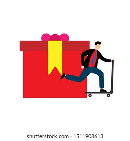 Present box outline icon.Man on scooter.Flat cartoon character isolated on white background