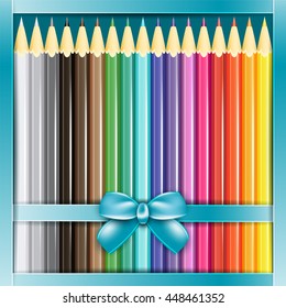 Present box of pencils with ribbon. Vector illustration.