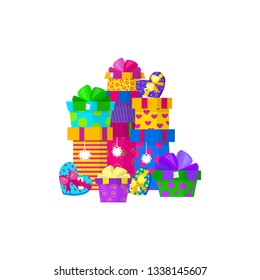 Present box pile. Gift graphic design in flat, cartoon style. Holiday, Birthday, Christmas, anniversary, celebration theme. Vector illustration isolated on white background.