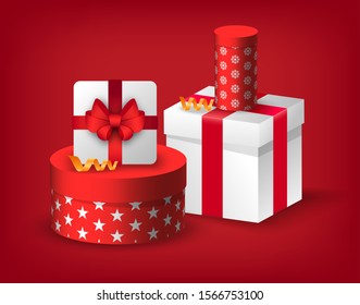 Present box with polka-dotted pattern and wrapping ribbon. Greeting card decorated by traditional geometric symbol of winter holiday. Poster Christmas sale with gift icon and confetti vector