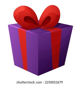 Present box with red bow, ribbon cute gift with wrapped paper, surprise in cartoon style isolated on white background.