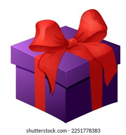 Presente caja con arco rojo, cinta de regalo tierno con papel envuelto, sorpresa al estilo de dibujos animados aislado sobre fondo blanco.