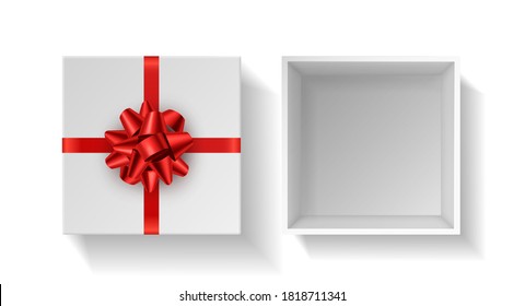 Present box with red bow. Top view gift white square open case with red ribbon. Birthday, christmas or valentine day giftbox template. Decoration stylish wrap vector realistic isolated mockup