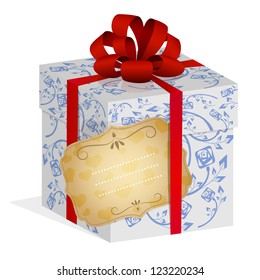 Present box with red ribbon and bow and notice label.