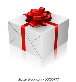 Present box with red ribbon and bow.