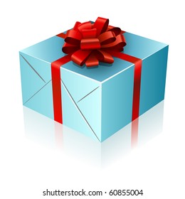 Present box with red ribbon and bow.