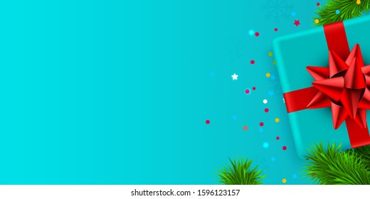 Present box with red ribbon and Christmas tree branch. Vector illustration