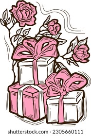 Present box with ribbon bow decorated with flowers for birthday gift, sale promotion, valentines or mothers day card, poster print. Hand drawn cartoon style illustration. Line vector drawing.