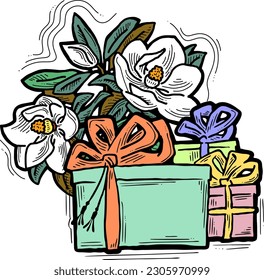 Present box with ribbon bow decorated with flowers for birthday gift, sale promotion, valentines or mothers day card, poster print. Hand drawn cartoon style illustration. Line vector drawing.