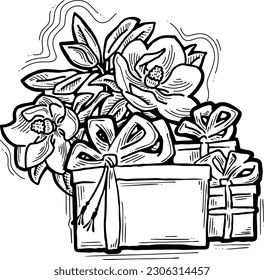Present box with ribbon bow decorated with flowers for birthday gift, sale promotion, valentines or mothers day card, poster print. Hand drawn cartoon style illustration. Line vector drawing.