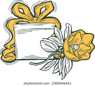 Present box with ribbon bow decorated with flowers for birthday gift, sale promotion, valentines or mothers day card, poster print. Hand drawn cartoon style illustration. Line vector drawing.