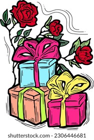 Geschenkbox mit Schleifenbogen mit Blumen zum Geburtstag Geschenk, Verkaufsförderung, Valentine oder Mütter Tageskarte, Plakatdruck. Handgezeichnete Illustration im Cartoon-Stil. Zeilenvektorzeichnung.