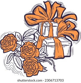 Present box with ribbon bow decorated with flowers for birthday gift, sale promotion, valentines or mothers day card, poster print. Hand drawn cartoon style illustration. Line vector drawing.