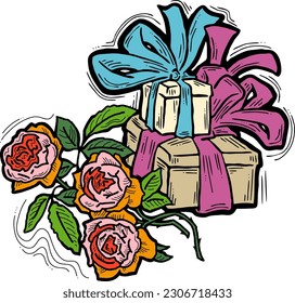 Present box with ribbon bow decorated with flowers for birthday gift, sale promotion, valentines or mothers day card, poster print. Hand drawn cartoon style illustration. Line vector drawing.