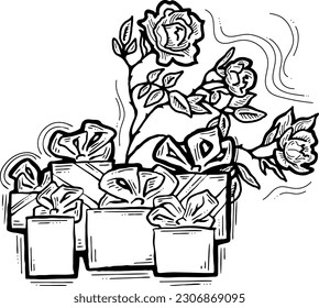 Present box with ribbon bow decorated with flowers for birthday gift, sale promotion, valentines or mothers day card, poster print. Hand drawn cartoon style illustration. Line vector drawing.