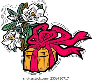 Present box with ribbon bow decorated with flowers for birthday gift, sale promotion, valentines or mothers day card, poster print. Hand drawn cartoon style illustration. Line vector drawing.