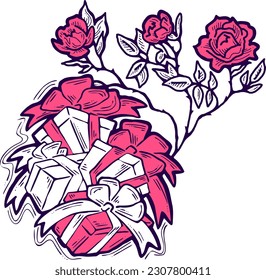 Present box with ribbon bow decorated with flowers for birthday gift, sale promotion, valentines or mothers day card, poster print. Hand drawn cartoon style illustration. Line vector drawing.