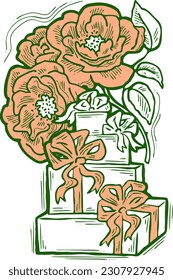 Present box with ribbon bow decorated with flowers for birthday gift, sale promotion, valentines or mothers day card, poster print. Hand drawn cartoon style illustration. Line vector drawing.