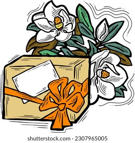 Present box with ribbon bow decorated with flowers for birthday gift, sale promotion, valentines or mothers day card, poster print. Hand drawn cartoon style illustration. Line vector drawing.